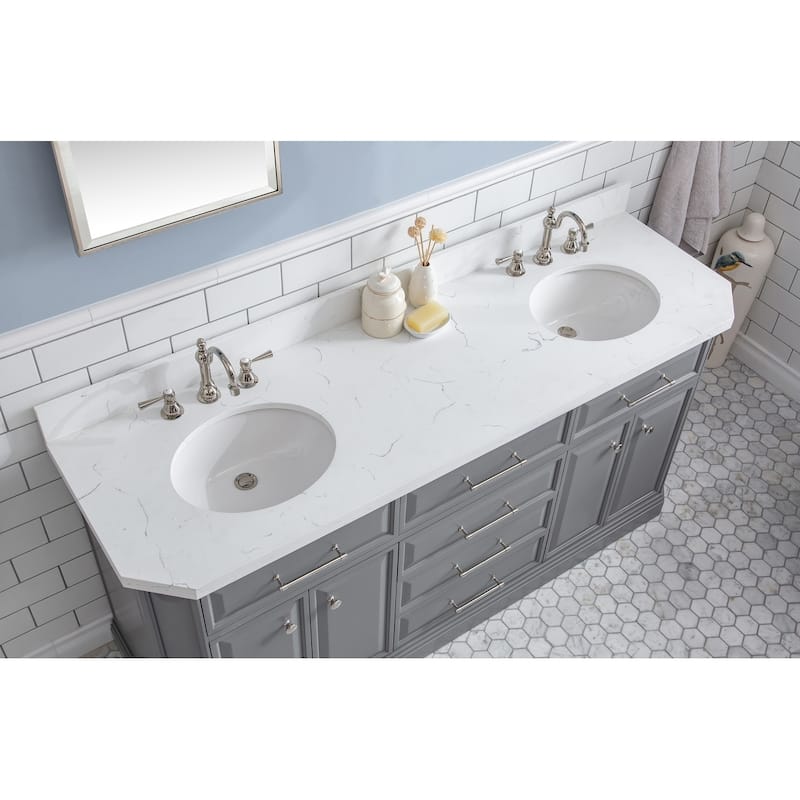 72" Palace Collection Quartz Carrara Cashmere Grey Bathroom Vanity Set With Hardware And F2-0012 Faucets