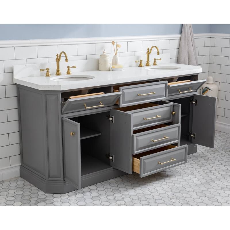 72" Palace Collection Quartz Carrara Cashmere Grey Bathroom Vanity Set With Hardware And F2-0012 Faucets