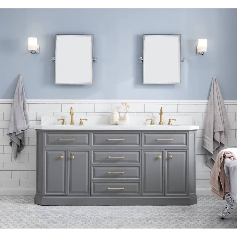 72" Palace Collection Quartz Carrara Cashmere Grey Bathroom Vanity Set With Hardware And F2-0012 Faucets