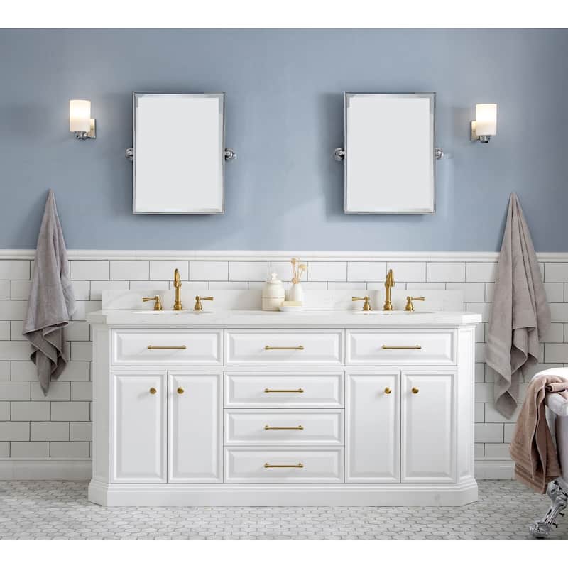 72" Palace Collection Quartz Carrara Cashmere Grey Bathroom Vanity Set With Hardware And F2-0012 Faucets