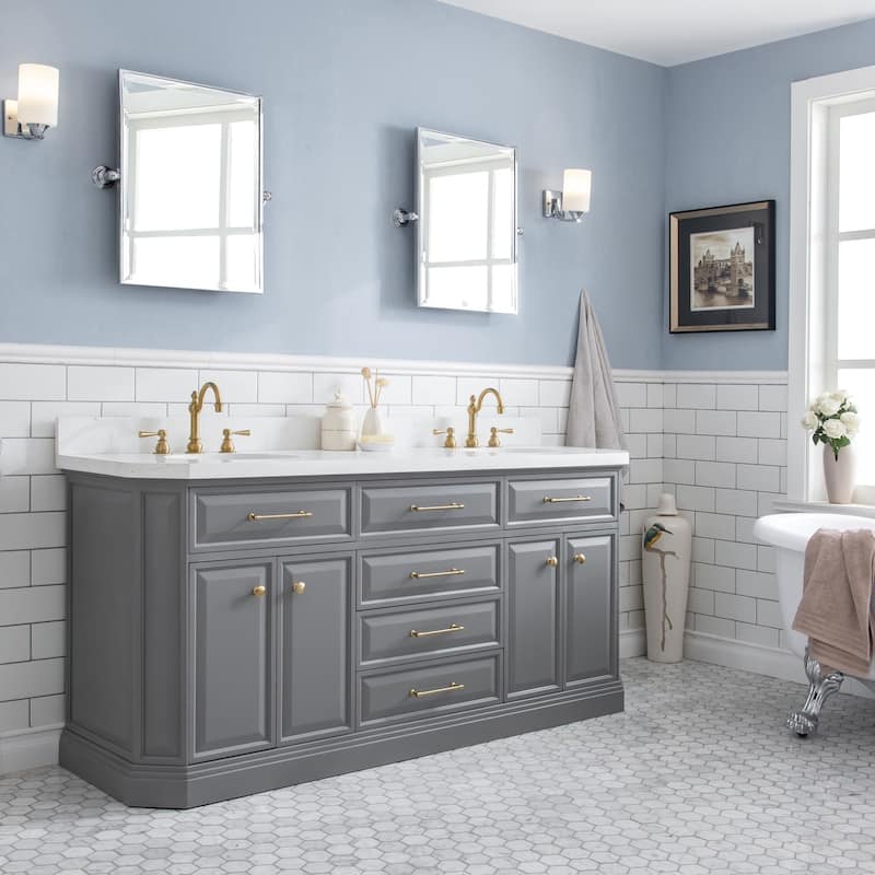 72" Palace Collection Quartz Carrara Cashmere Grey Bathroom Vanity Set With Hardware And F2-0012 Faucets - Satin/Gold Finish - Cashmere Grey