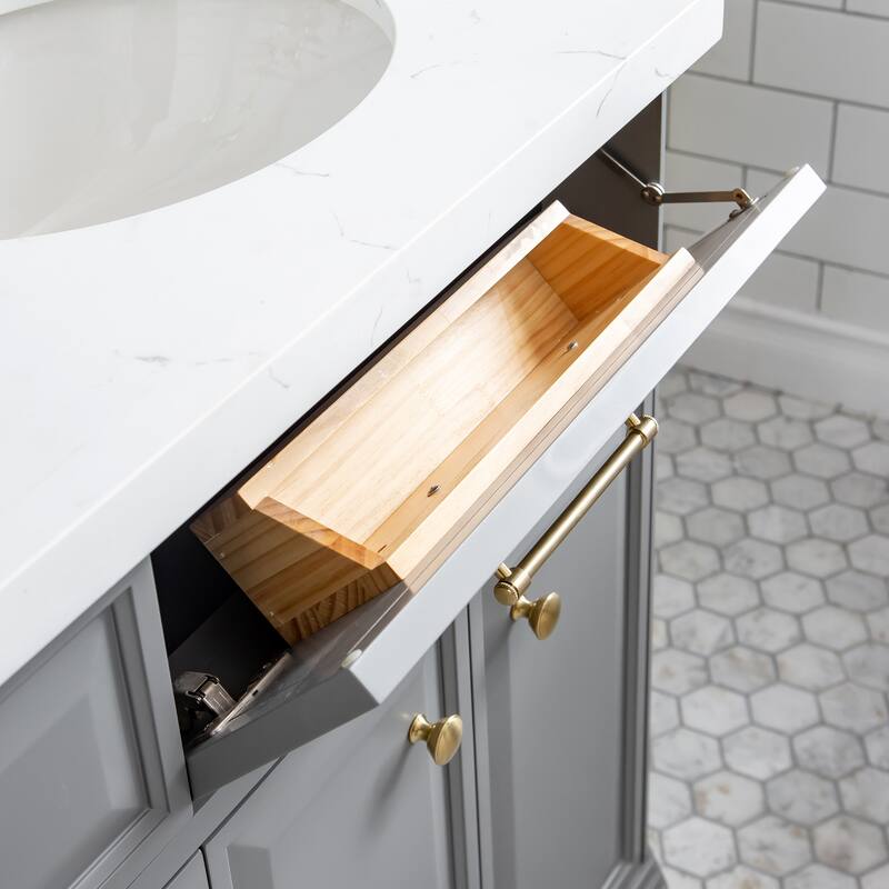 72" Palace Collection Quartz Carrara Cashmere Grey Bathroom Vanity Set With Hardware And F2-0012 Faucets