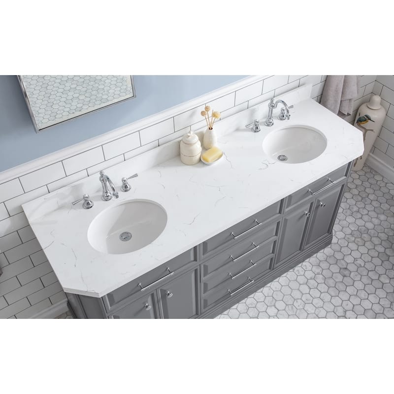 72" Palace Collection Quartz Carrara Cashmere Grey Bathroom Vanity Set With Hardware And F2-0012 Faucets
