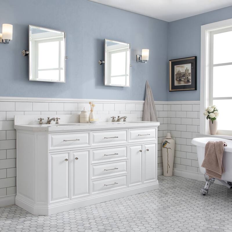Palace Quartz Carrara Bathroom 72-inch Vanity Set - Polished/Nickel Finish - Pure White