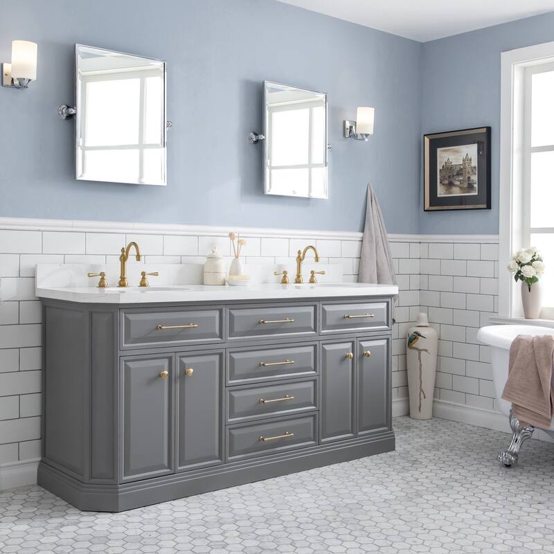 Palace Quartz Carrara Bathroom 72-inch Vanity Set - Satin/Gold Finish - Cashmere Grey