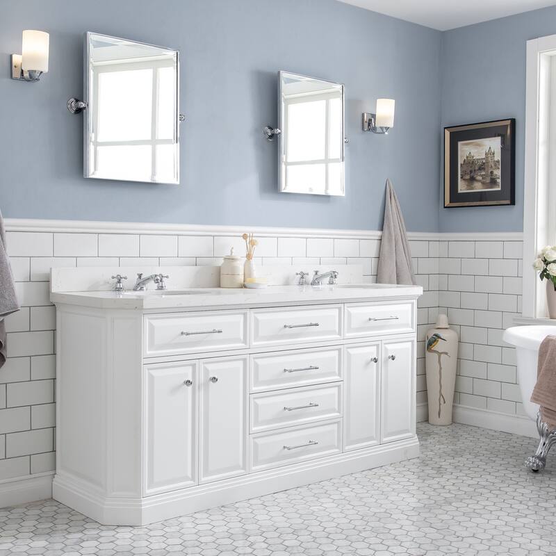 Palace Quartz Carrara Bathroom 72-inch Vanity Set - Polished/Chrome Finish - Pure White