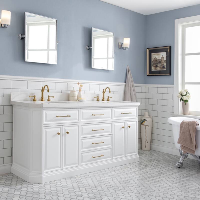 Palace Quartz Carrara Bathroom 72-inch Vanity Set - Satin/Gold Finish - Pure White