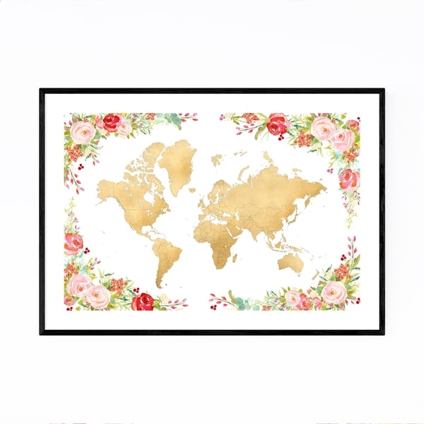 Noir Gallery Floral Gold Watercolor World Map Framed Art Print