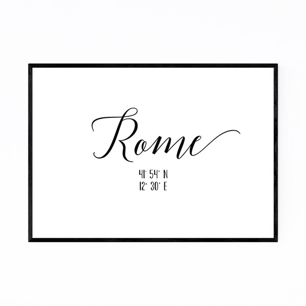 Noir Gallery Rome, Italy Coordinates Typography Framed Art Print