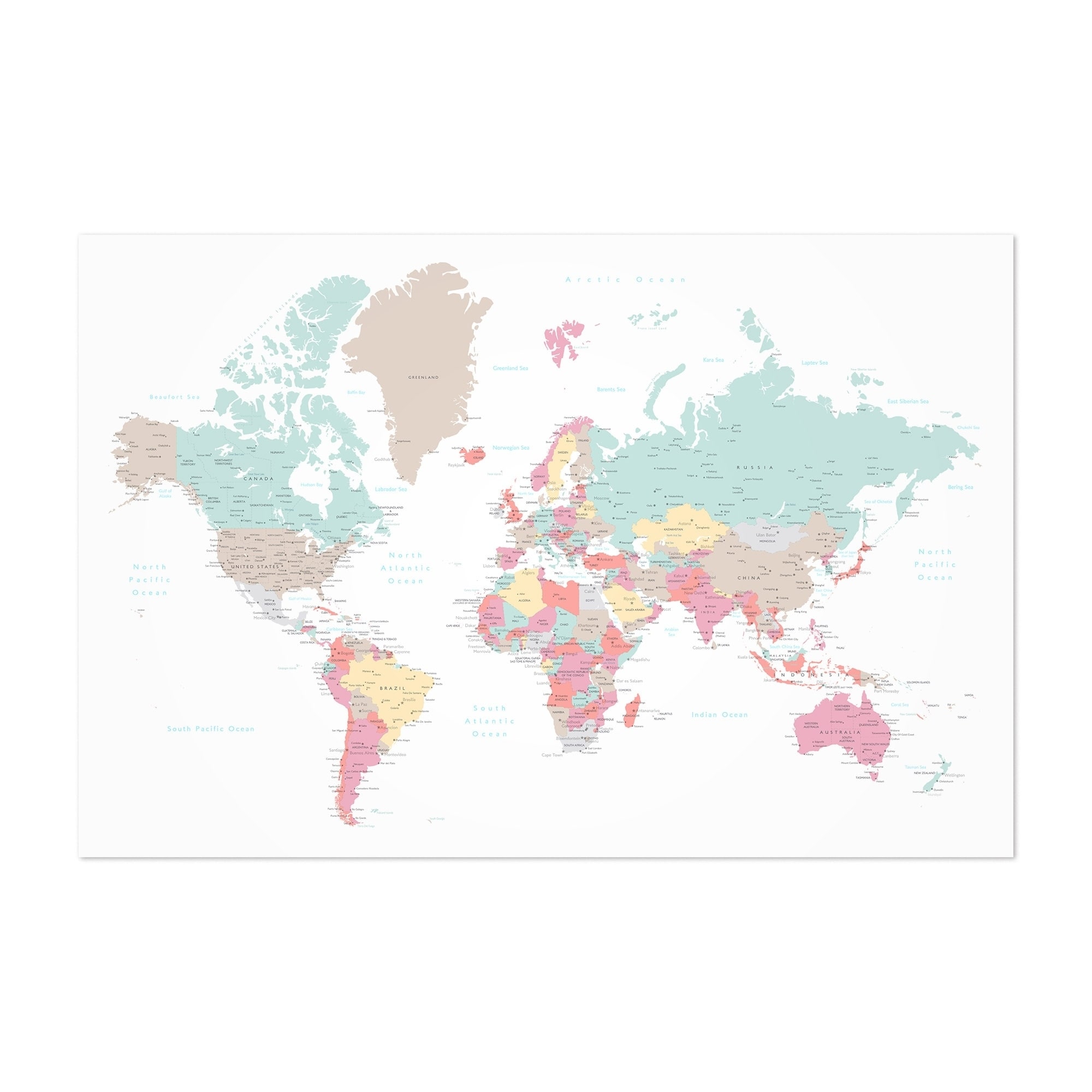 Pastel Map Of The World Shop Noir Gallery Pastel World Map with Cities Unframed Art Print 