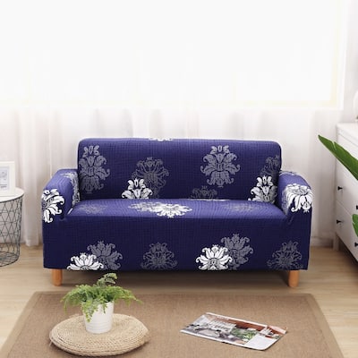 Enova Home Navy Blue Elegant Polyester and Spandex Stretch Washable Box Cushion Loveseat Slipcover