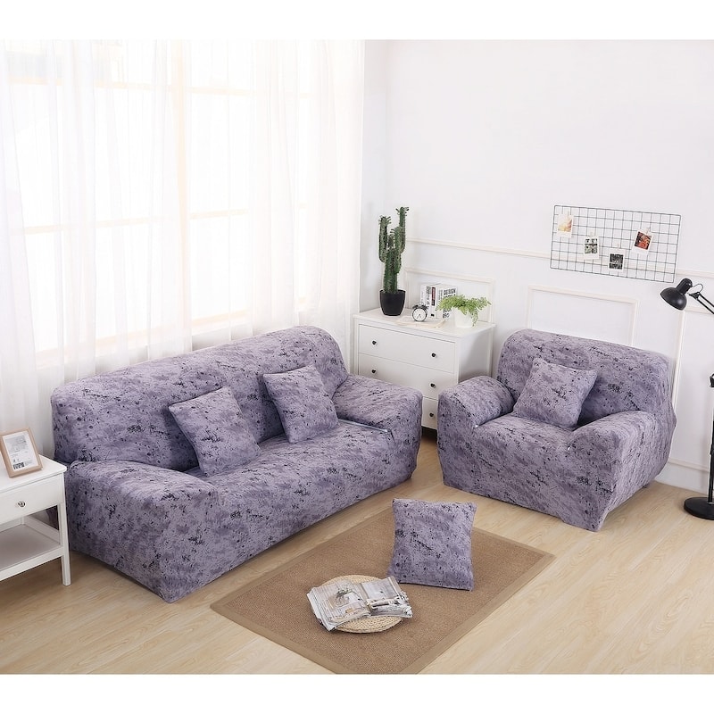 Enova Home Purple Grey Elegant Polyester and Spandex Stretch Washable Box Cushion Sofa Slipcover