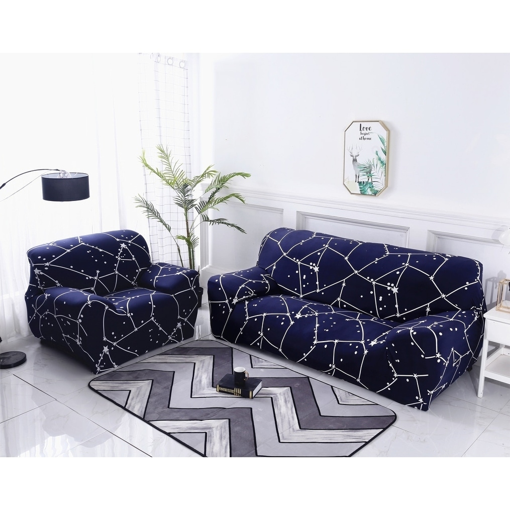 Enova Home Denim Blue Jacquard Polyester Spandex  Box Cushion Sofa Slipcover 