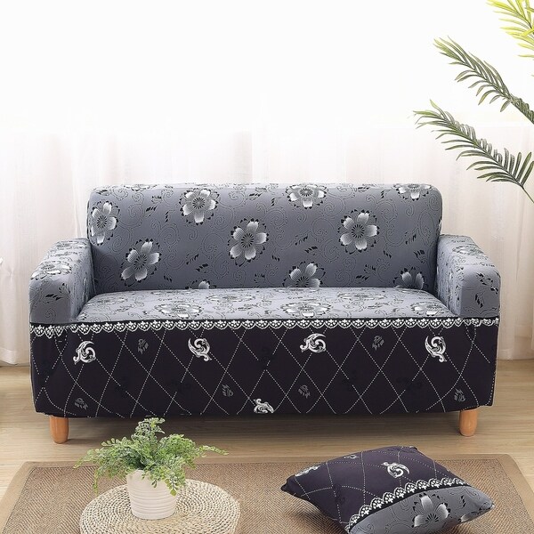 Enova Home Grey Elegant Polyester and Spandex Stretch Washable Box Cushion Loveseat Slipcover