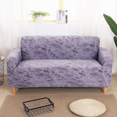 Enova Home Purple Grey Elegant Polyester and Spandex Stretch Washable Box Cushion Loveseat Slipcover