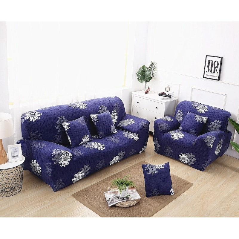 Enova Home Navy Blue Elegant Polyester and Spandex Stretch Washable Box Cushion Sofa Slipcover