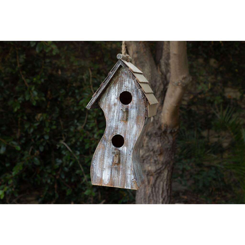 Wood and Metal Swirly Shape Birdhouse with Rope Hanging, White