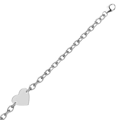 Sterling Silver Rhodium Plated Chain Bracelet with a Flat Heart Station
