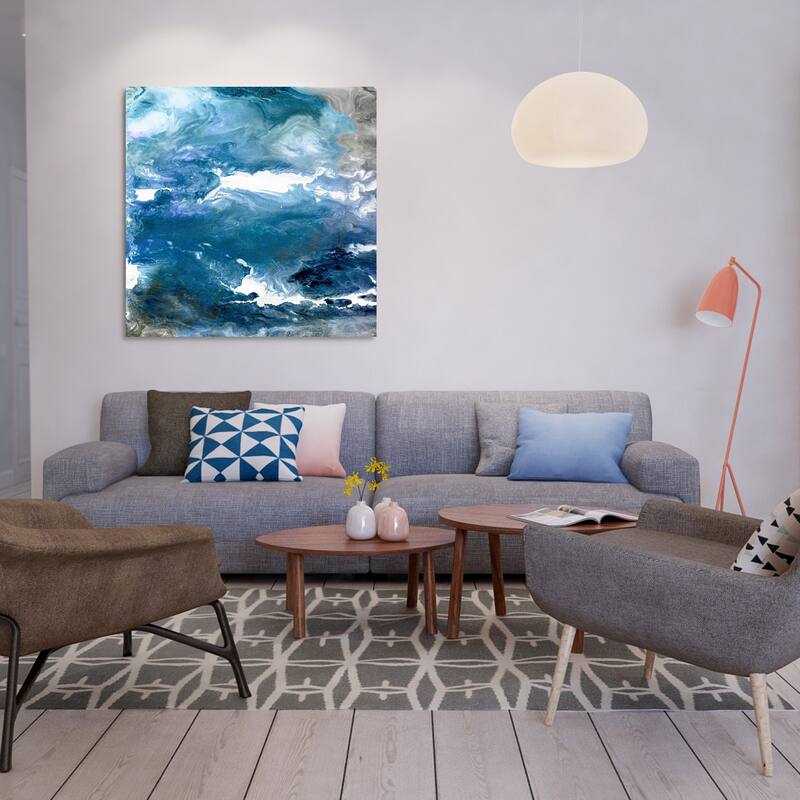 Blue Abstract Frameless Free Floating Tempered Art Glass Wall Art - 38 x 38
