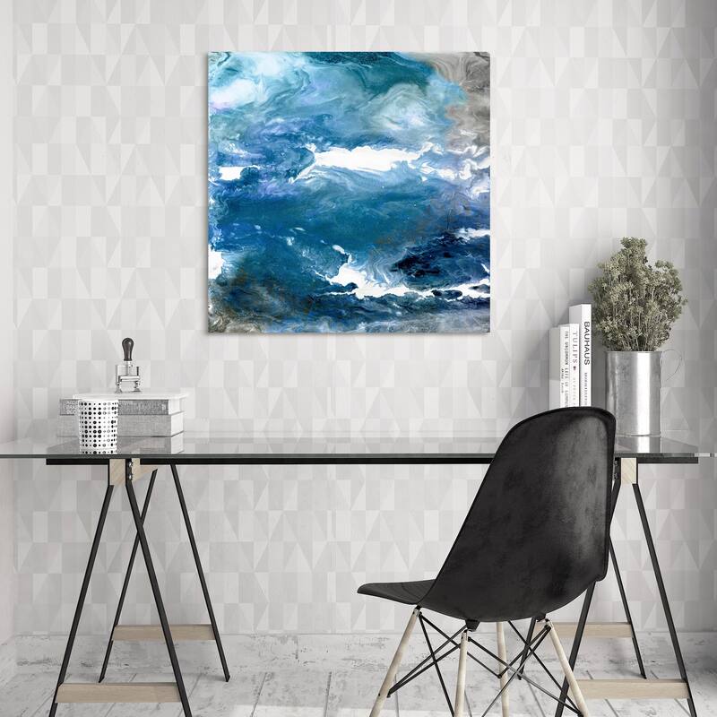 Blue Abstract Frameless Free Floating Tempered Art Glass Wall Art - 38 x 38