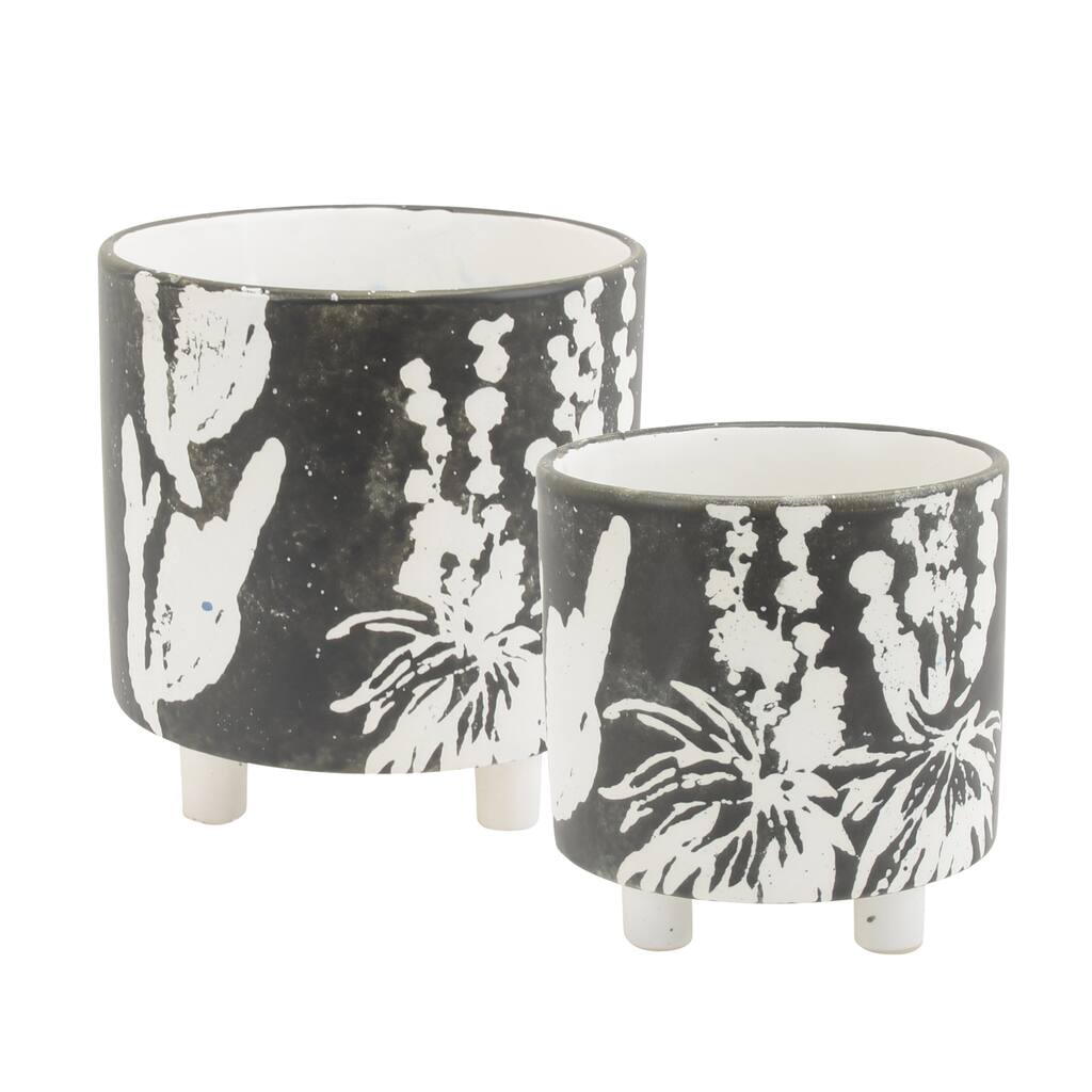 Contemporary Ceramic Footed Planters with Cylindrical Shape, Black and White, Set of Two
