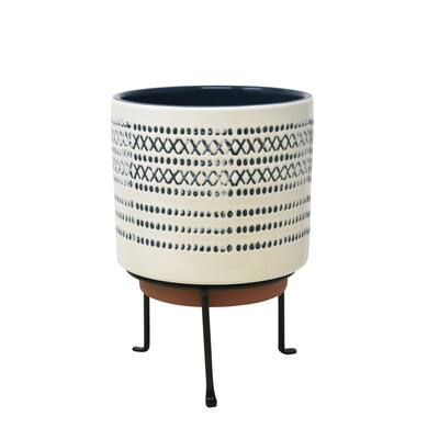 Ceramic Planter on Stand with Cylindrical Body, White