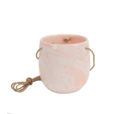 Hanging Ceramic Planter Pot with Rope, White and Pink