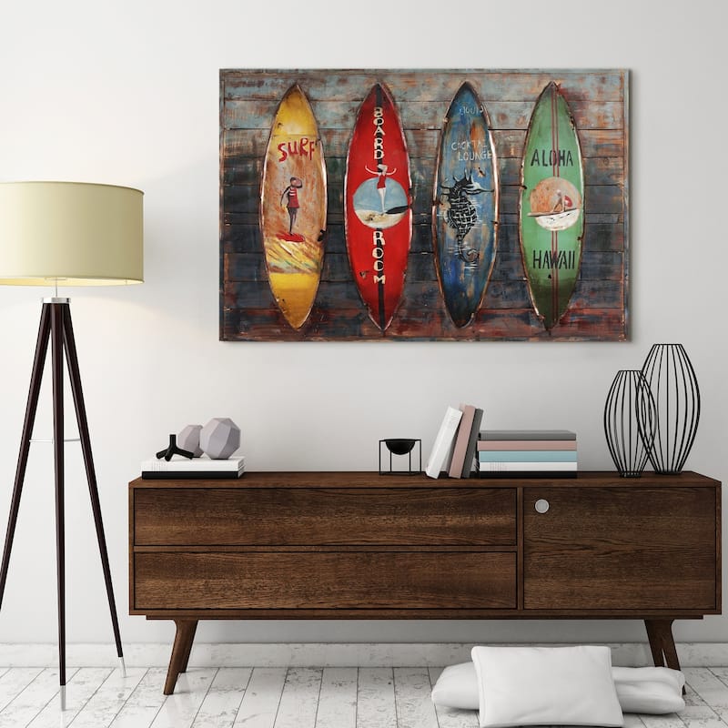 "Surfboards" Handed Painted Iron Wall sculpture on Wooden Wall Art
