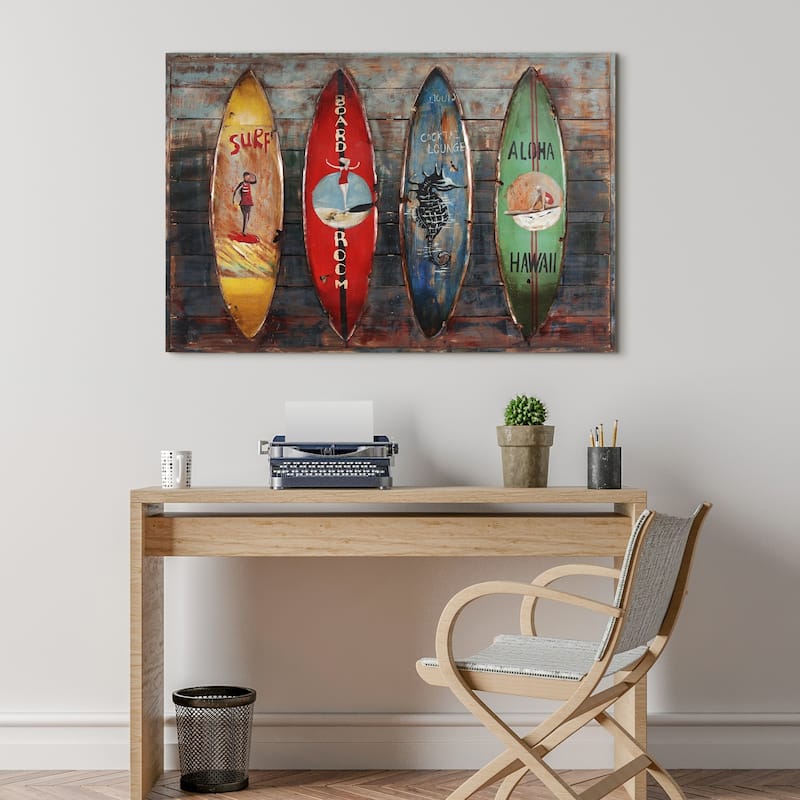 "Surfboards" Handed Painted Iron Wall sculpture on Wooden Wall Art