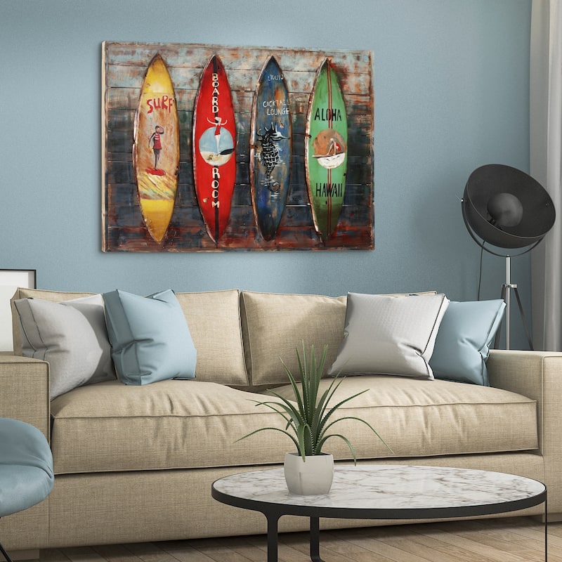 "Surfboards" Handed Painted Iron Wall sculpture on Wooden Wall Art