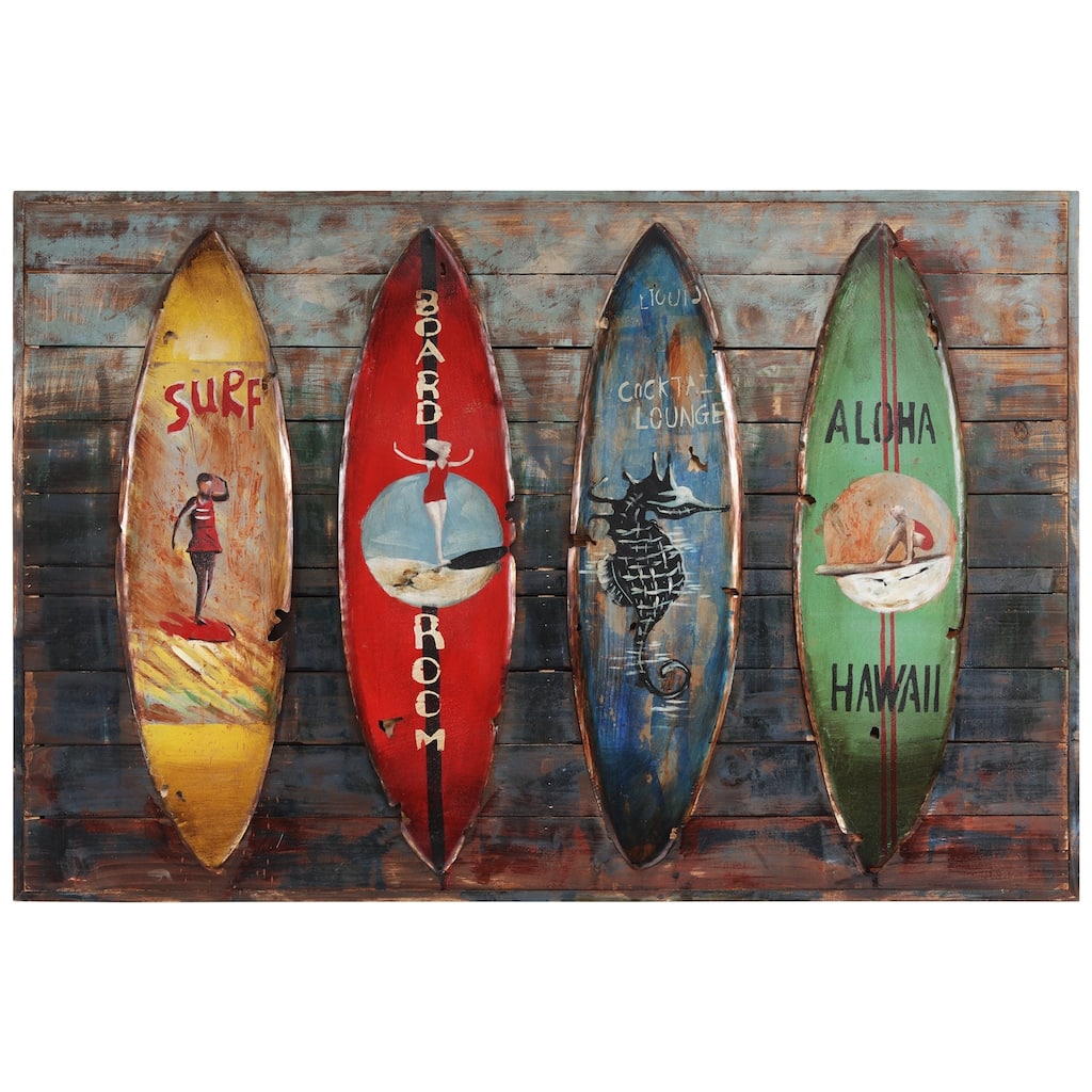 "Surfboards" Handed Painted Iron Wall sculpture on Wooden Wall Art