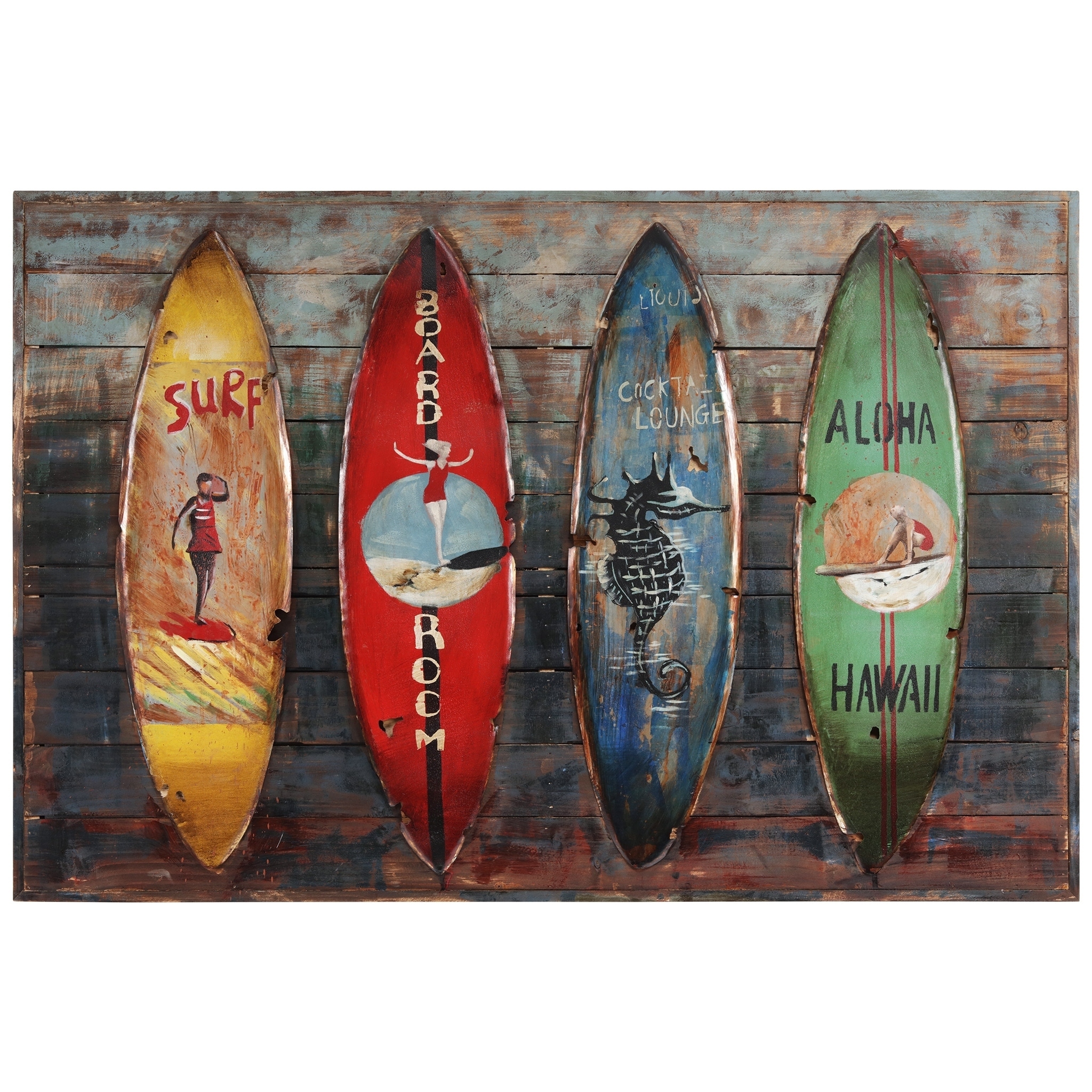 "Surfboards" Handed Painted Iron Wall sculpture on Wooden Wall Art