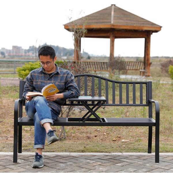 Shop Powder Coated Black Steel Patio Garden Park Bench With Middle