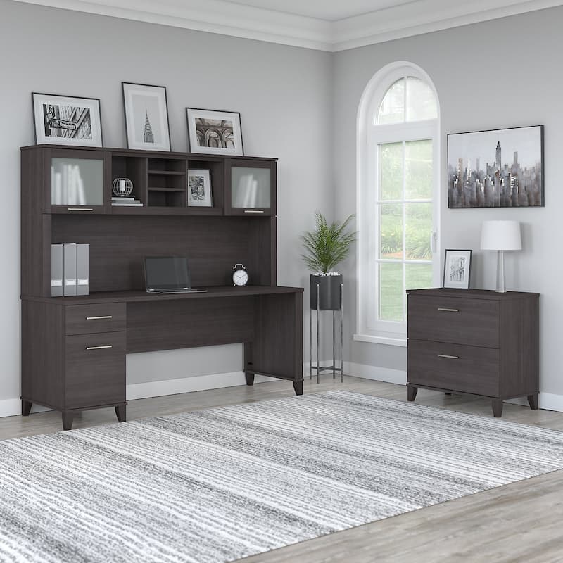 Somerset 72W Office Desk with Hutch and Lateral File Cabinet in Gray - Taupe