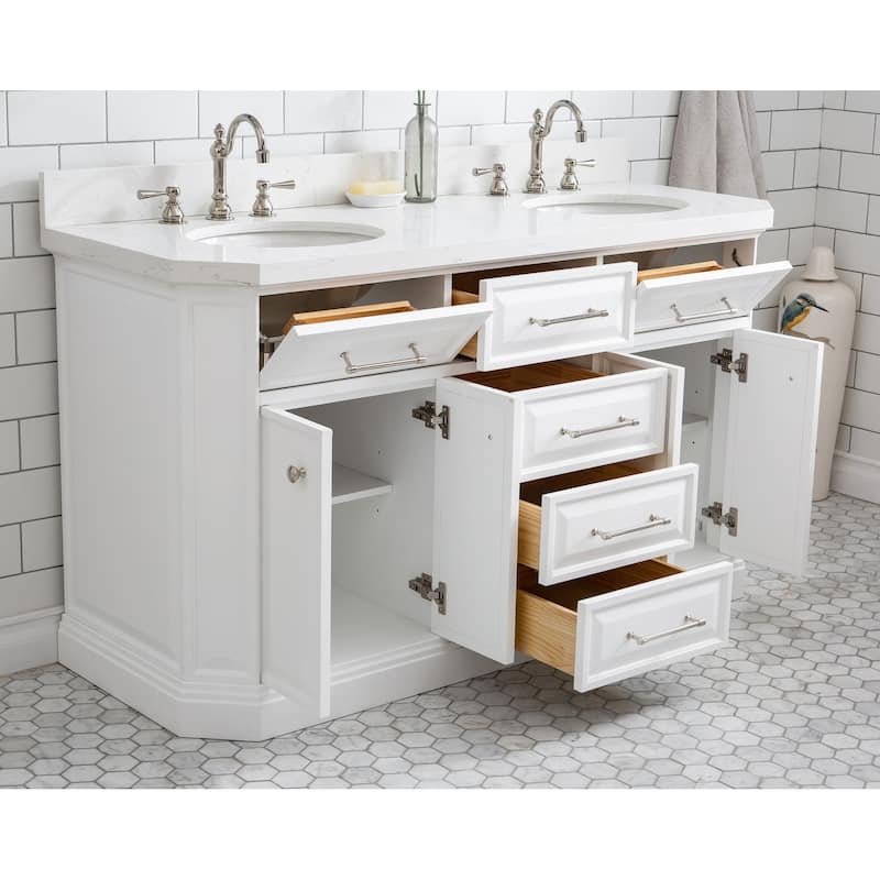 60" Palace Collection Quartz Carrara Cashmere Grey Bathroom Vanity Set With Hardware And F2-0012 Faucets, Mirror