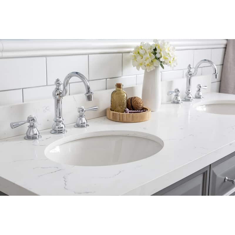 60" Palace Collection Quartz Carrara Cashmere Grey Bathroom Vanity Set With Hardware And F2-0012 Faucets, Mirror