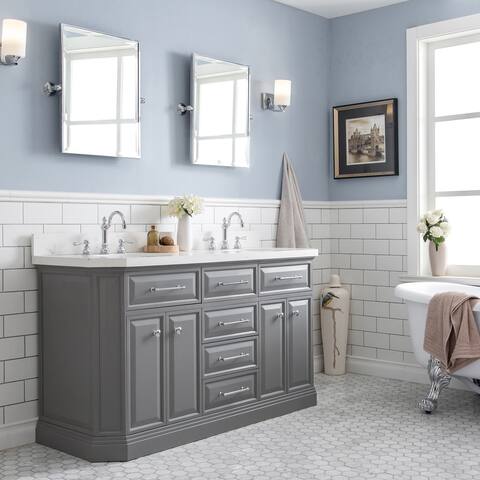 60" Palace Collection Quartz Carrara Cashmere Grey Bathroom Vanity Set With Hardware And F2-0012 Faucets, Mirror