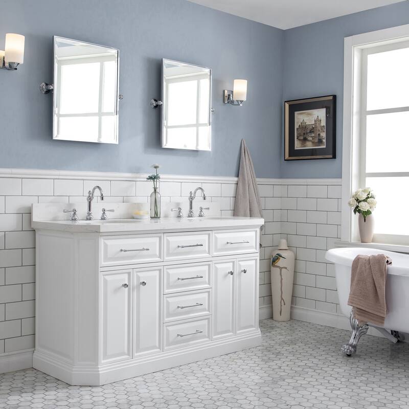 60" Palace Collection Quartz Carrara Cashmere Grey Bathroom Vanity Set With Hardware And F2-0012 Faucets, Mirror - Polished/Chrome Finish - Pure White