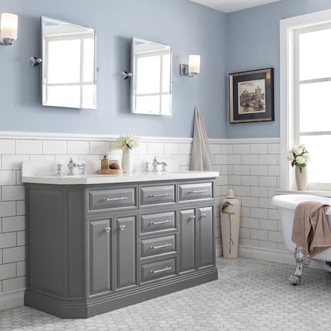 60" Palace Collection Quartz Carrara Cashmere Grey Bathroom Vanity Set With Hardware And F2-0013 Faucets, Mirror
