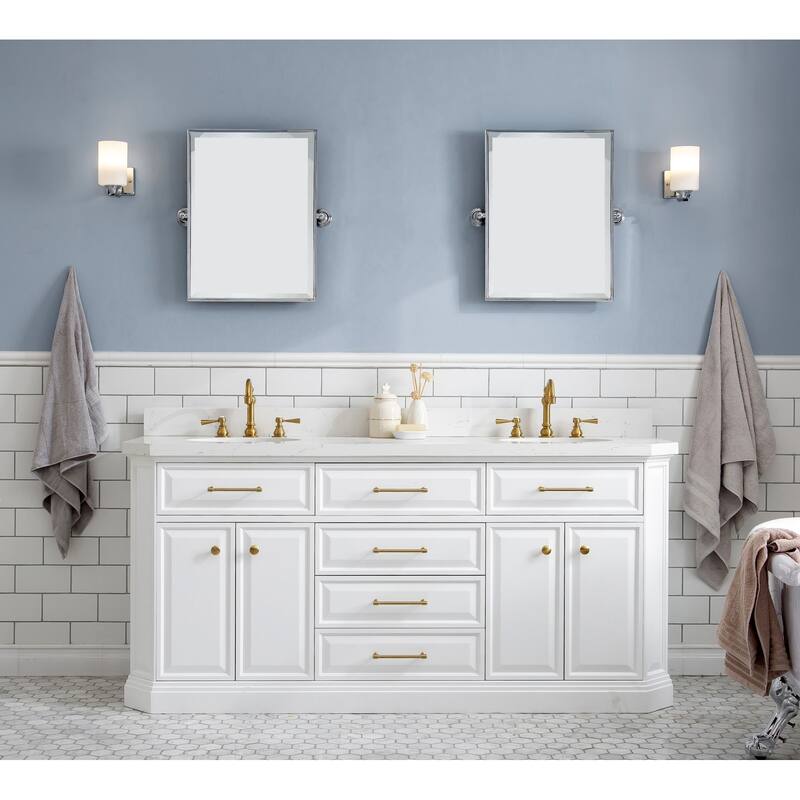 72" Palace Collection Quartz Carrara Cashmere Grey Bathroom Vanity Set With Hardware And F2-0012 Faucets, Mirror