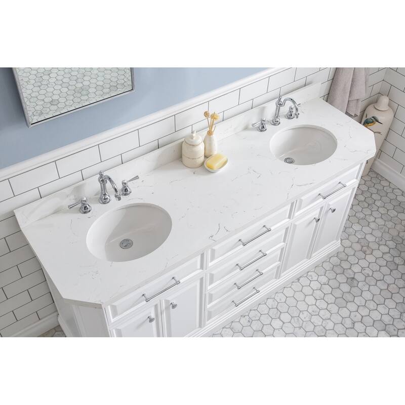 72" Palace Collection Quartz Carrara Cashmere Grey Bathroom Vanity Set With Hardware And F2-0012 Faucets, Mirror