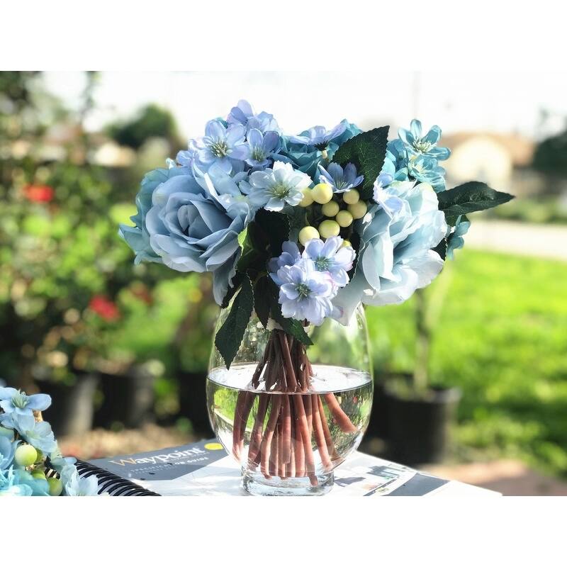 Enova Home Artificial Sky Blue Silk Roses and Mixed Fake Flowers