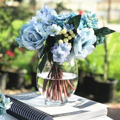 Enova Home Artificial Sky Blue Silk Roses and Mixed Fake Flowers Arrangement in Clear Glass Vase with Faux Water - Sky Blue