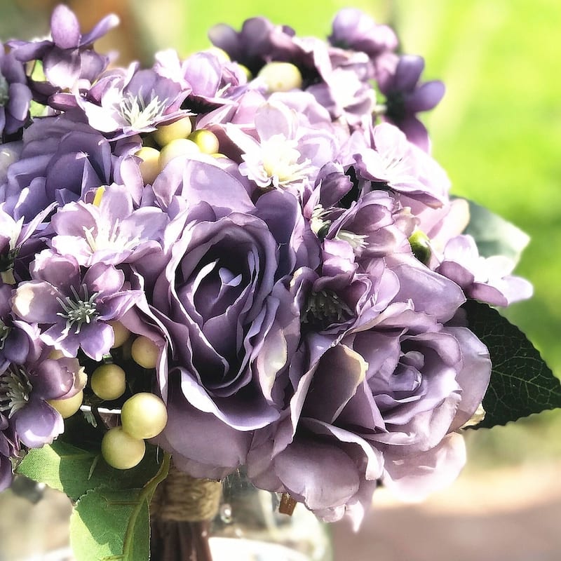 Enova Home Artificial Purple Silk Roses and Mixed Fake Flowers Arrangement in Clear Round Glass Vase with Faux Water