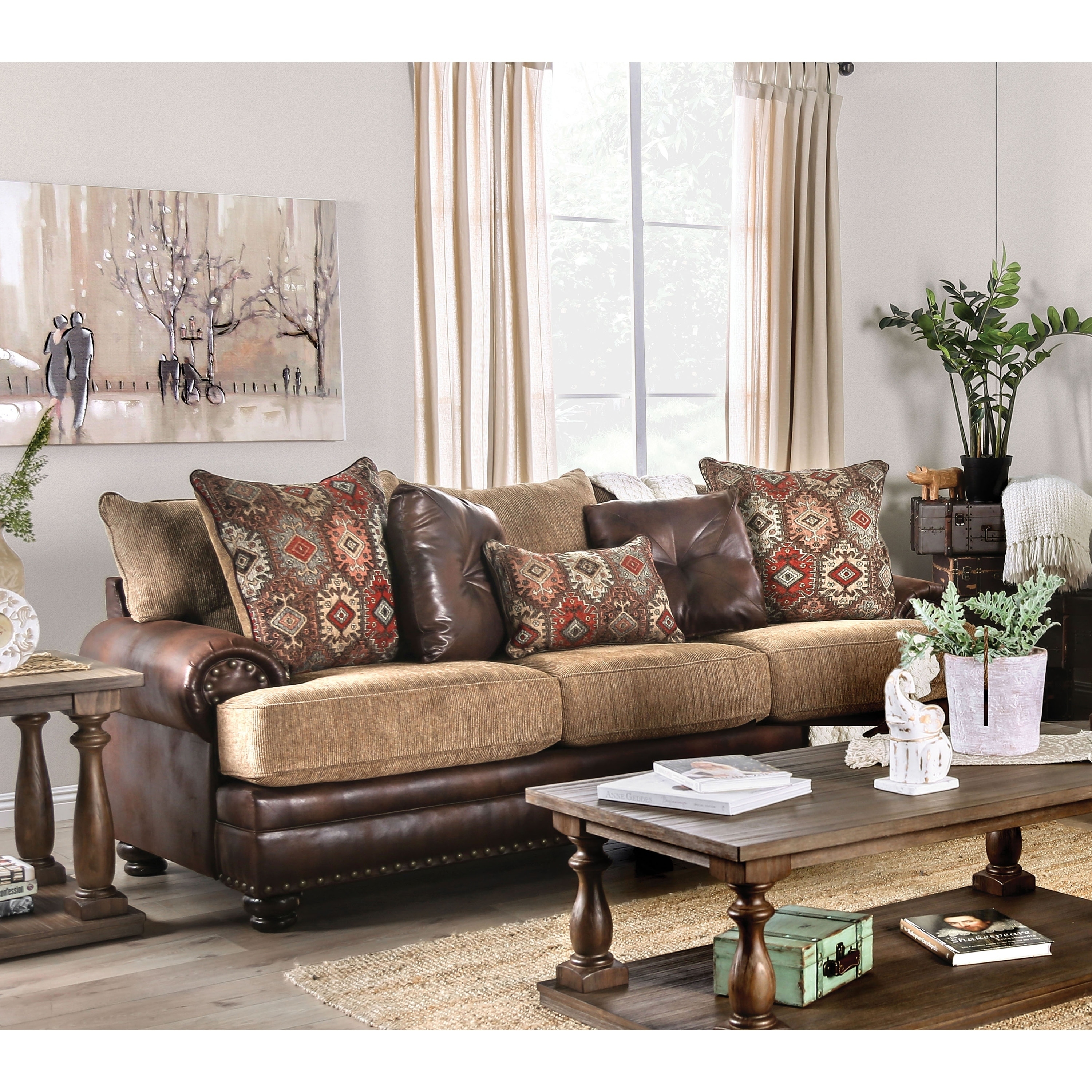 Furniture of America Dhirendra Transitional Brown Faux Leather T-Cushion Sofa