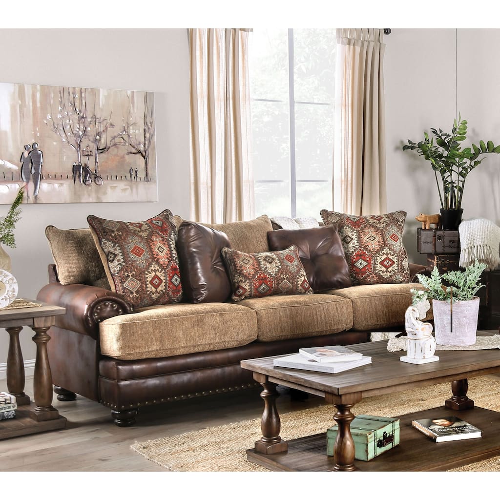 Dhirendra Transitional Brown Faux Leather T-Cushion Sofa by Furniture of America