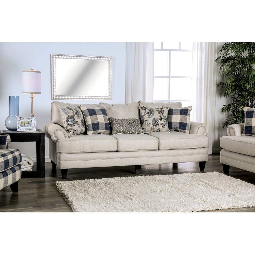 Stormy Thistle Transitional Ivory Fabric Upholstered T-Cushion Sofa by Furniture of America