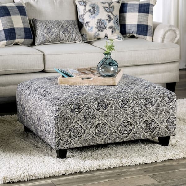 Stormy Transitional Grey Fabric Moroccan Print Cocktail Ottoman by Gracewood Hollow