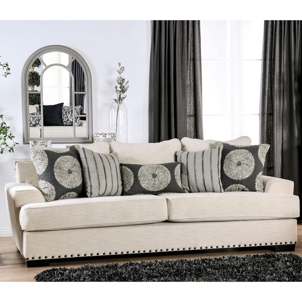 Lizzie Transitional Ivory Chenille Upholstered Nailhead Trim Sofa by Furniture of America