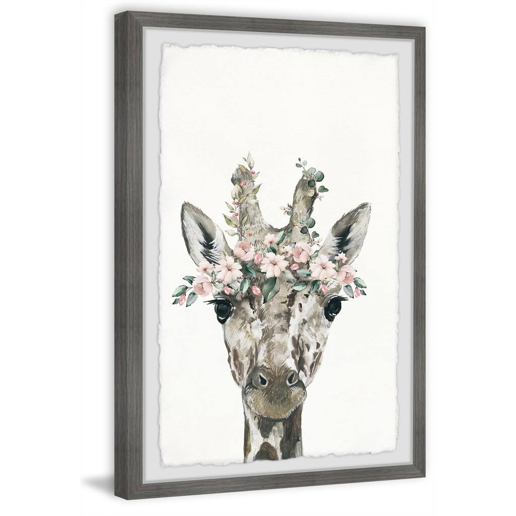 'Floral Crowned Giraffe' Framed Painting Print - Multi-Color
